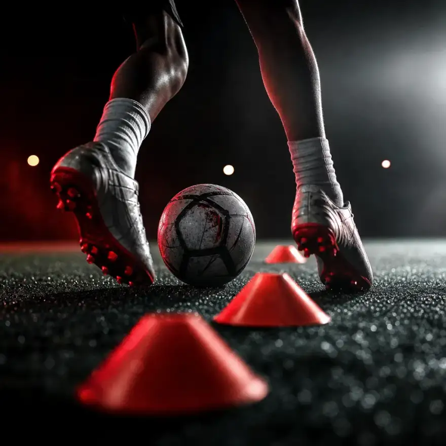 Spieler beim Dribbeltraining um Hütchen